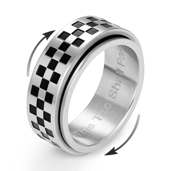 Men’s Spinner Ring 8mm Stainless Steel Racing Flag Fidget Ring – “This Too Shall Pass” Engraved Anxiety Relief Band, Checker Pattern Rotatable Ring for Stress Relief & Gift