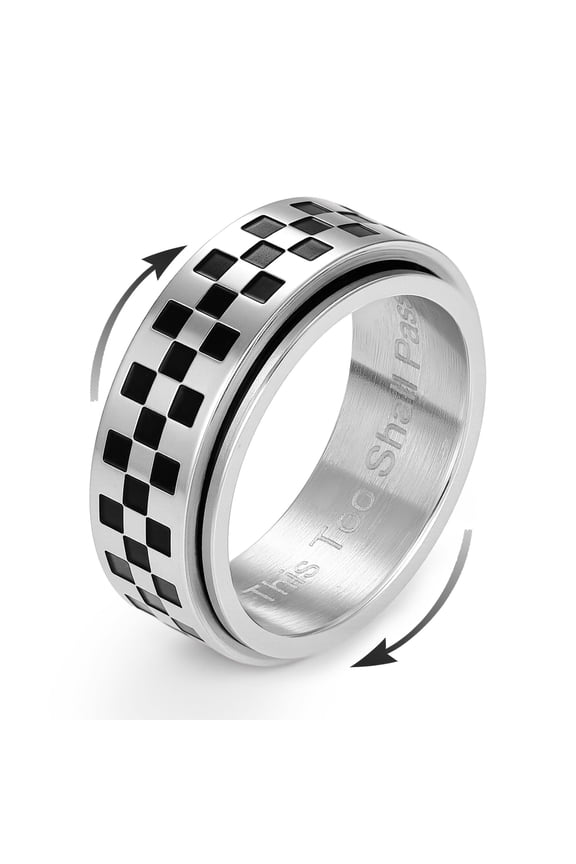 Men’s Spinner Ring 8mm Stainless Steel Racing Flag Fidget Ring – “This Too Shall Pass” Engraved Anxiety Relief Band, Checker Pattern Rotatable Ring for Stress Relief & Gift