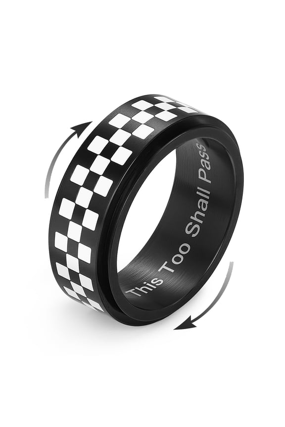 Men’s Spinner Ring 8mm Stainless Steel Racing Flag Fidget Ring – “This Too Shall Pass” Engraved Anxiety Relief Band, Checker Pattern Rotatable Ring for Stress Relief & Gift