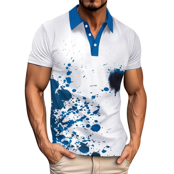 Men's Splash Ink Polo Shirt Collarless Short Sleeve Button Top Relaxed Fit Golf Business Casual Summer Tee