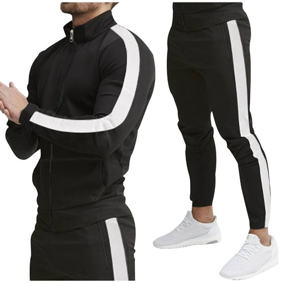 Men's Spliced Stand Collar Tracksuit Set Casual Long Sleeve Full Zip Jacket And Drawstring Pants Sportswear Suit