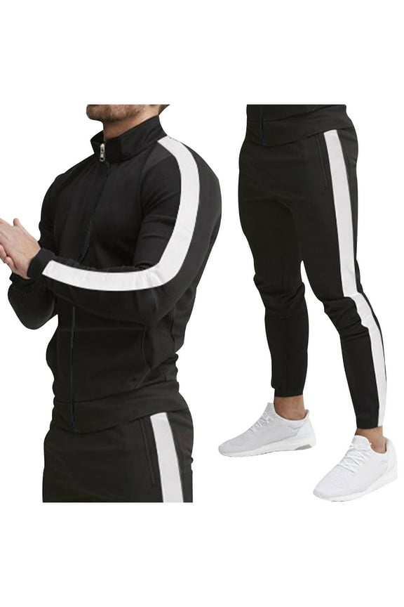 Men's Spliced Stand Collar Tracksuit Set Casual Long Sleeve Full Zip Jacket And Drawstring Pants Sportswear Suit