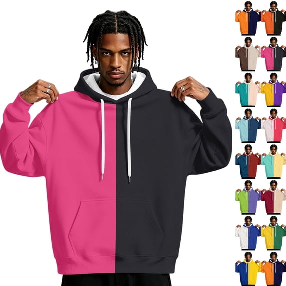Men's Split Color Block Hoodie, Long Sleeve Drawstring Pullover Sweatshirt with Front Kangaroo Pocket, Stylish Loose Fit Streetwear Hooded Top for Casual Daily Outdoor Wear Pink M