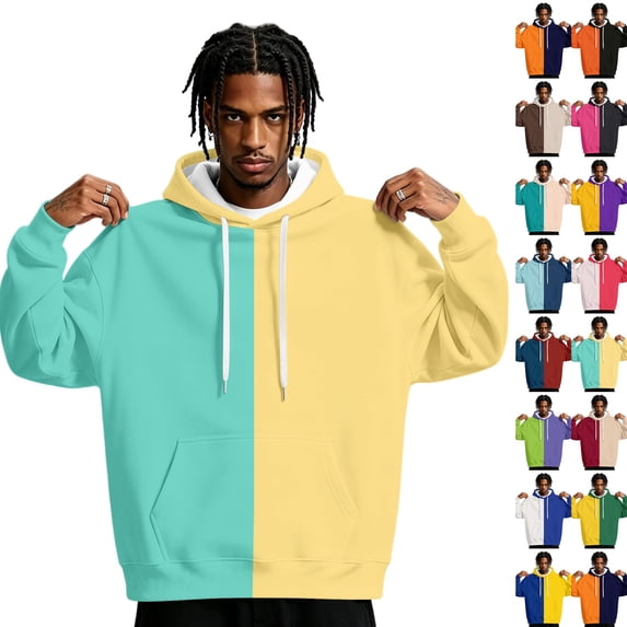 Men's Split Color Block Hoodie, Long Sleeve Drawstring Pullover Sweatshirt with Front Kangaroo Pocket, Stylish Loose Fit Streetwear Hooded Top for Casual Daily Outdoor Wear Sky Blue 3XL