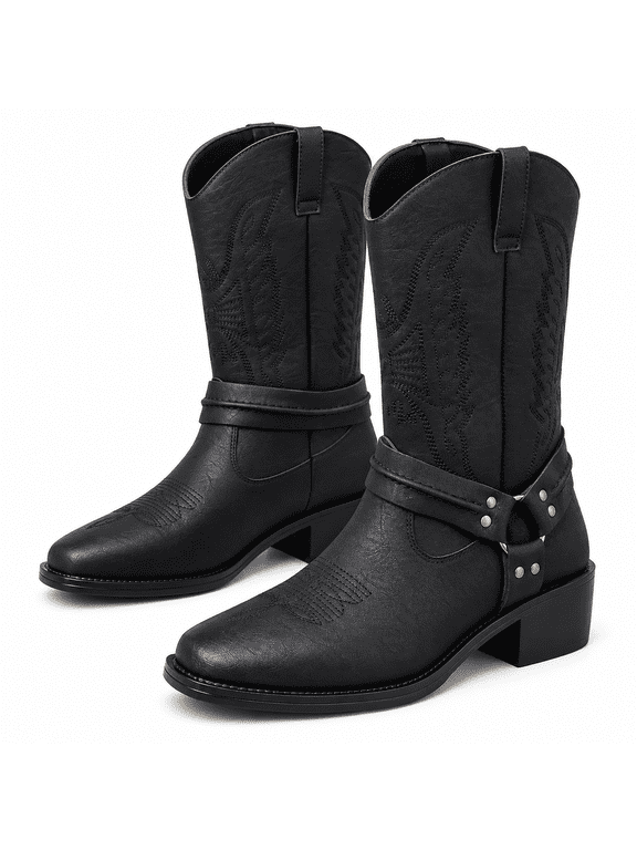 Men's Split Cowhide Mid-Calf Harness Boots with Embroidered Shaft and Block Heel