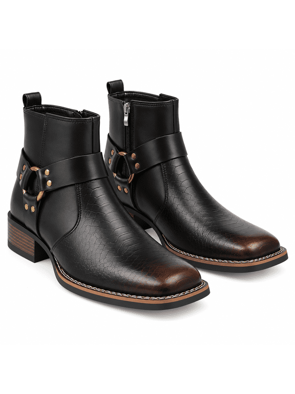 Men's Split Leather Moto Ankle Boots with Side Zipper, Harness Strap and Square Toe