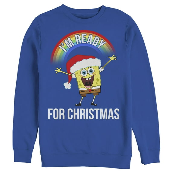 Men's SpongeBob SquarePants Christmas I'm Ready Rainbow Sweatshirt Royal Blue X Large