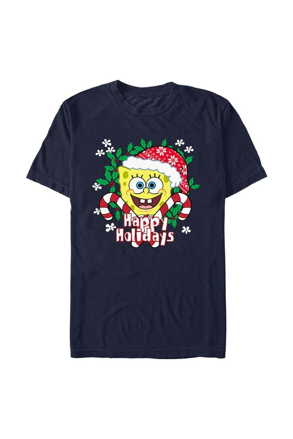 Men's SpongeBob SquarePants Happy Holidays Santa Hat  Graphic Tee Navy Blue X Large