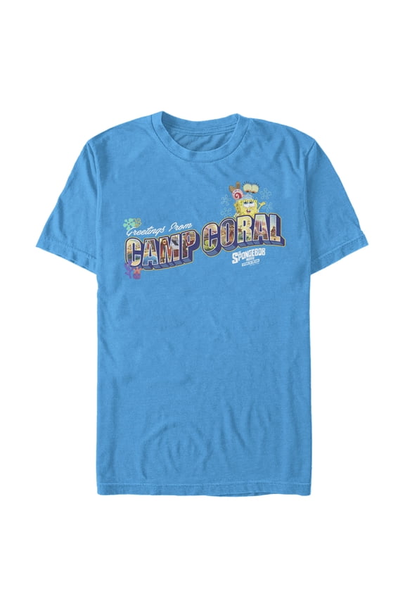 Men's SpongeBob SquarePants Sponge on the Run Camp Coral Postcard Graphic Tee Turquoise Medium