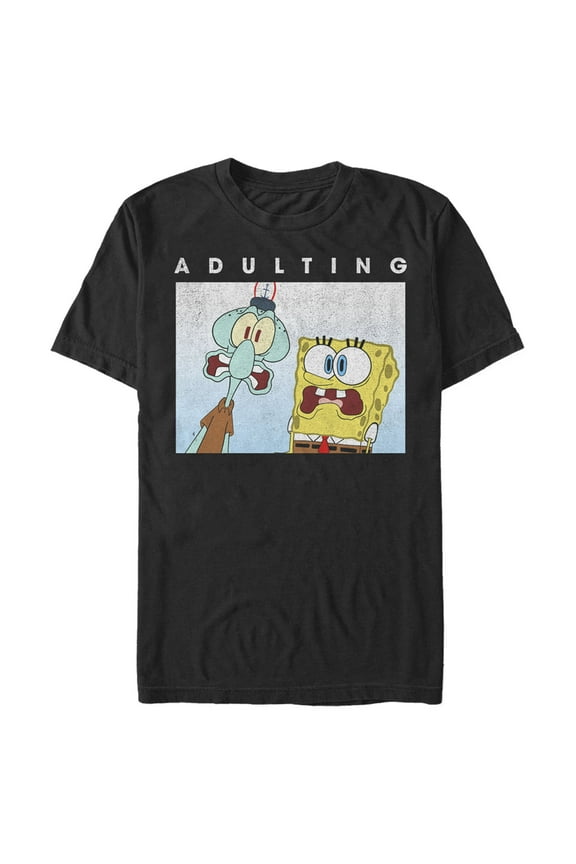 Men's SpongeBob SquarePants Squidward Adulting is Scary Graphic Tee Black Small