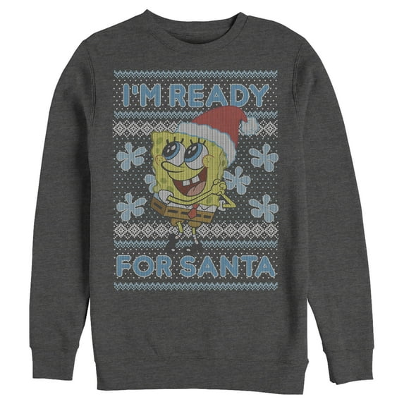 Men's SpongeBob SquarePants Ugly Christmas Ready Santa Sweatshirt Charcoal Heather Medium