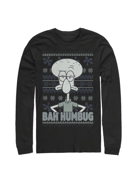 Men's SpongeBob SquarePants Ugly Christmas Sweater Print Squidward Bah Humbug Long Sleeve Shirt