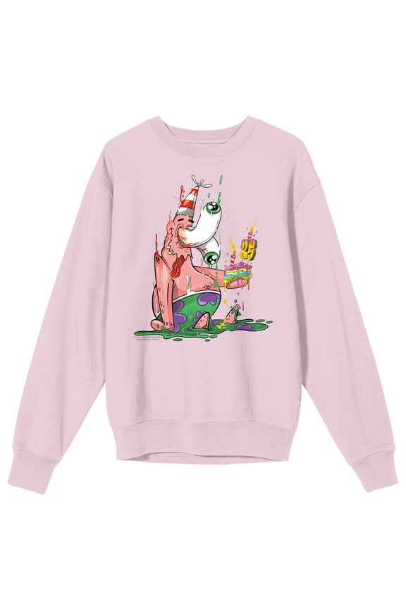 Spongebob Squarepants Patrick Star Slime Pink Star Fish Melting Slice if Colorful Cake with Number 25 Candle on Cradle Pink Long Sleeve Adult Crew neck-Small
