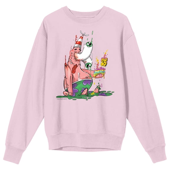 Spongebob Squarepants Patrick Star Slime Pink Star Fish Melting Slice if Colorful Cake with Number 25 Candle on Cradle Pink Long Sleeve Adult Crew neck-XL