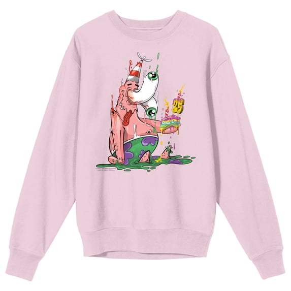 Spongebob Squarepants Patrick Star Slime Pink Star Fish Melting Slice if Colorful Cake with Number 25 Candle on Cradle Pink Long Sleeve Adult Crew neck-XL