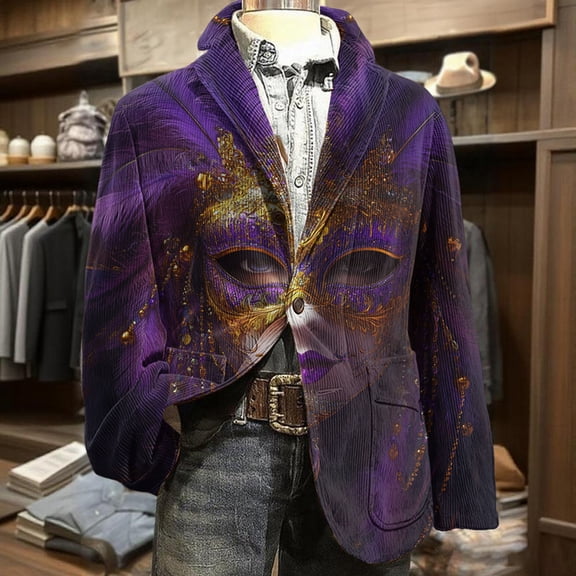 Men's Sport Coats & Blazers Mardi Gras Suit Jacket 2 Button Mask Glitter Printed Carnival Parade Gift