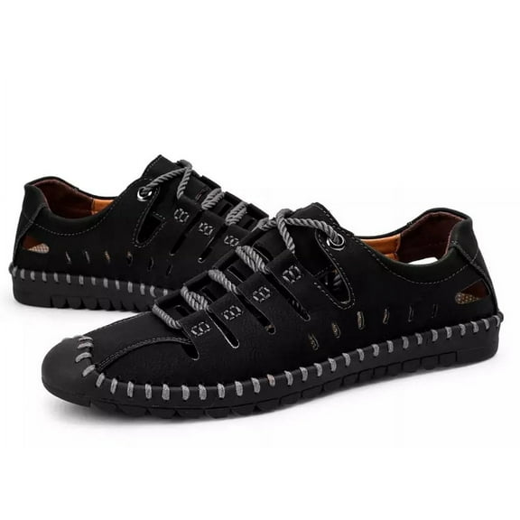 Men's Sport Sandals Outdoor Leather Fisherman Breathable Summer Casual Shoes Walking Beach Travel Black 47 EU