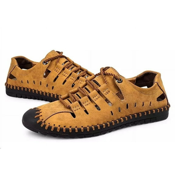 Men's Sport Sandals Outdoor Leather Fisherman Breathable Summer Casual Shoes Walking Beach Travel Yellow 40 EU