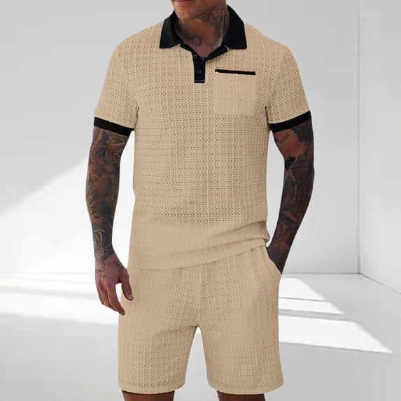 Men's Sport Suit, Breathable Hollowed Activewear Set, Short Sleeve Collar Shirt with Shorts for Gym and Casual