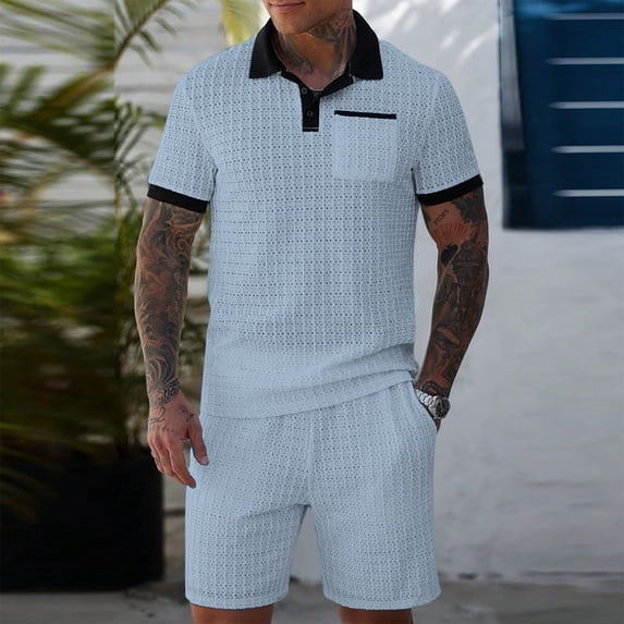 Men's Sport Suit, Breathable Hollowed Activewear Set, Short Sleeve Collar Shirt with Shorts for Gym and Casual
