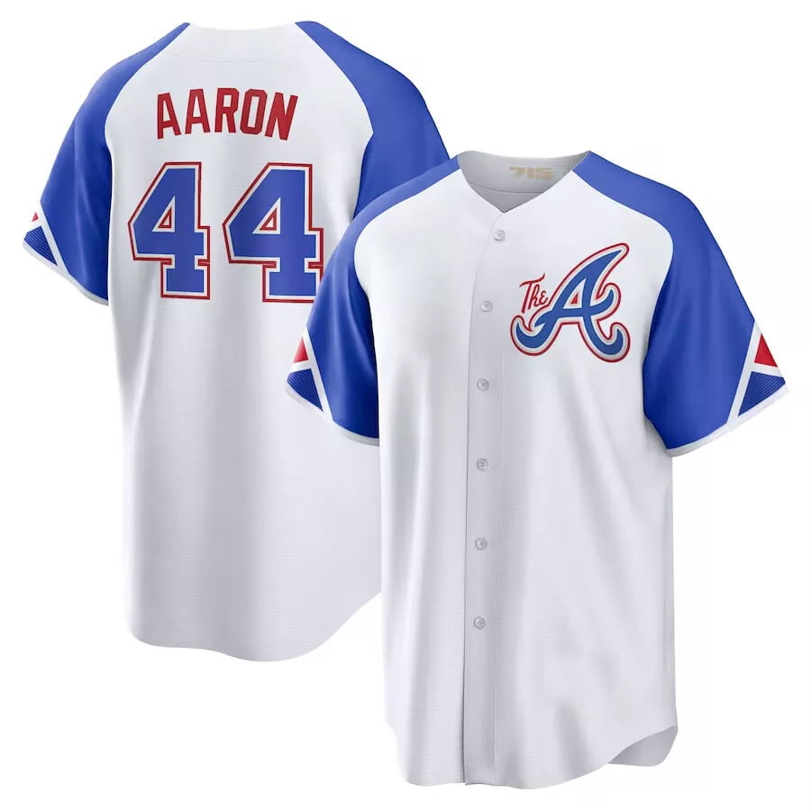 Men's Sport T-Shirt White 1 #44 Hank_Aaron Atlanta_Bra_ves Fans Team Uniforms V-Neck shirt Player Embroidery Apparel Gameday Jerse-y–XX-Large
