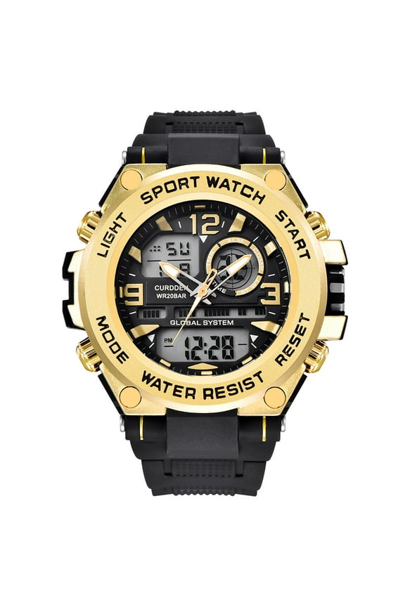 Men's Sport Watch, LED Quartz Wristwatch with 50m Water Resistance, Alloy Case Rubber Strap Digital Display Durable Timepiece for Active Lifestyle, Gold