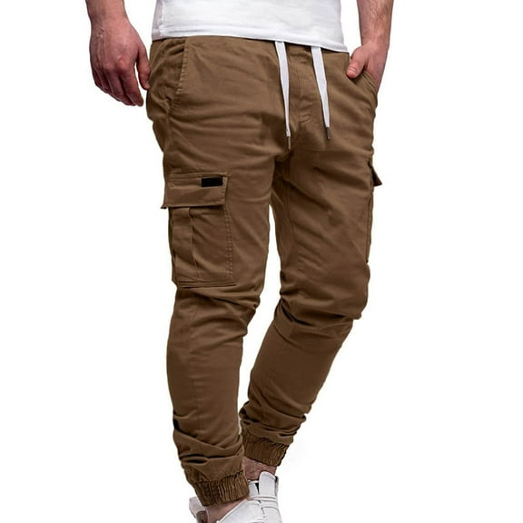 Men's Sports Casual Cargo Pants Elastic Waist Drawstring Solid Trousers Hiking Pants Joggers Gym Sweatpants