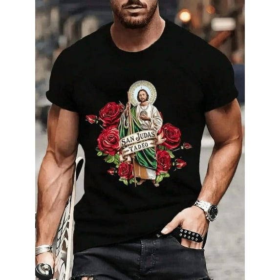 Men's Sports Casual Crew Neck Short - Sleeve T - Shirt 1Pcs 100% Cotton With Saint Jude And Roses Digital Print 220g Heavyweight T - Shirt