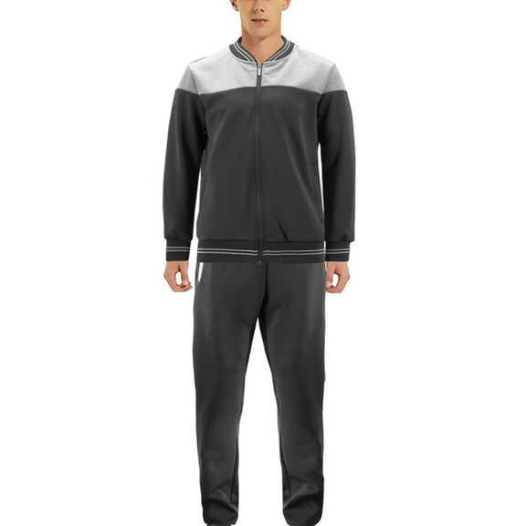 Men's Sports Gym Fitness Work Out Running Jogging 2 Piece Tracksuit Set (Black/Light Grey, M)