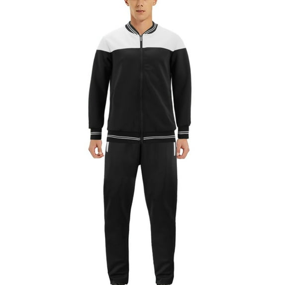 Men's Sports Gym Fitness Work Out Running Jogging 2 Piece Tracksuit Set (Black/White, S)