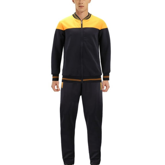 Men's Sports Gym Fitness Work Out Running Jogging 2 Piece Tracksuit Set (Black/Yellow, 2XL)