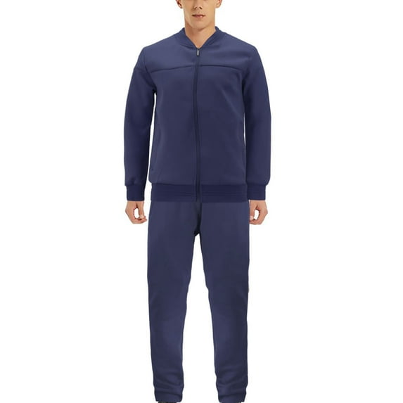 Men's Sports Gym Fitness Work Out Running Jogging 2 Piece Tracksuit Set (Navy, L)