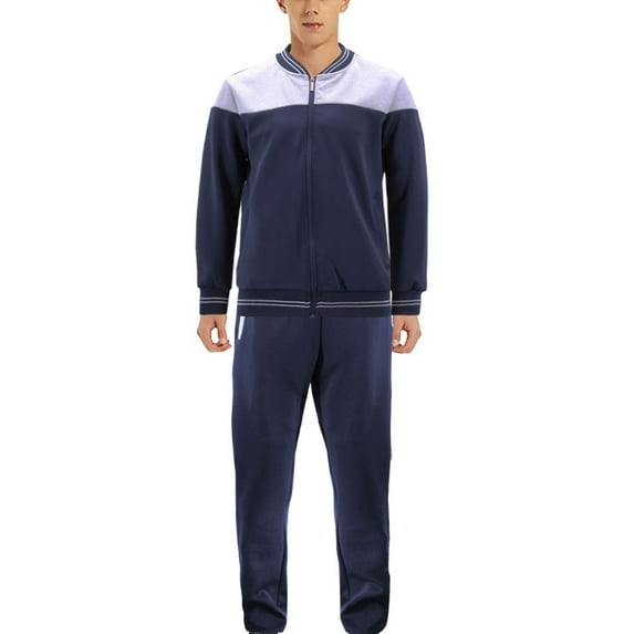 Men's Sports Gym Fitness Work Out Running Jogging 2 Piece Tracksuit Set (Navy/Light Grey, XL)