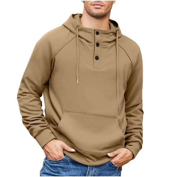 Men's Sports Hoodies Button Down Drawstring Solid Color Pullover Tops Casual Stylish Hooded Sweatshirts With Pocket (3XL, Khaki)