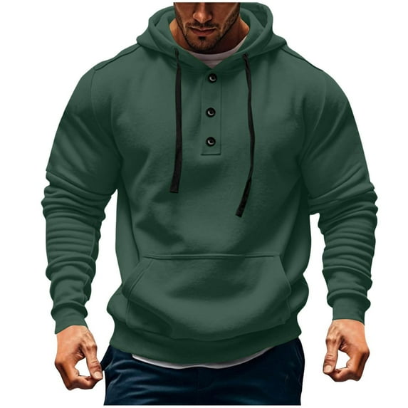 Men's Sports Hoodies Button Down Drawstring Solid Color Pullover Tops Casual Stylish Hooded Sweatshirts With Pocket (XXL, Army Green)