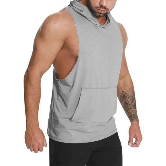 Men's Sports Hoodies Gym Workout Sleeveless Shirts Lightweight Muscle Bodybuilding Tank Tops with Kangaroo Pocket