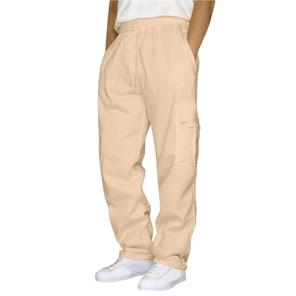 Men's Sports and Leisure Pants, Plush Fleece Sweatpants with Drawstring and Multiple Pockets, Loose Fit Workwear Trousers for Winter, Casual and Outdoor,Beige,M
