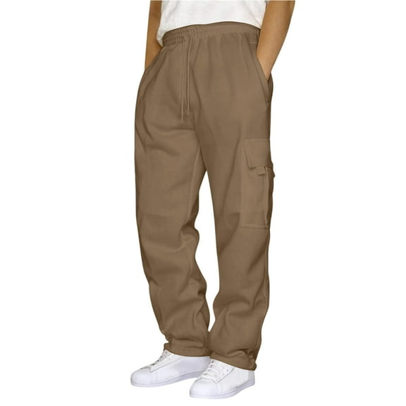 Men's Sports and Leisure Pants, Plush Fleece Sweatpants with Drawstring and Multiple Pockets, Loose Fit Workwear Trousers for Winter, Casual and Outdoor,Light Brown,L