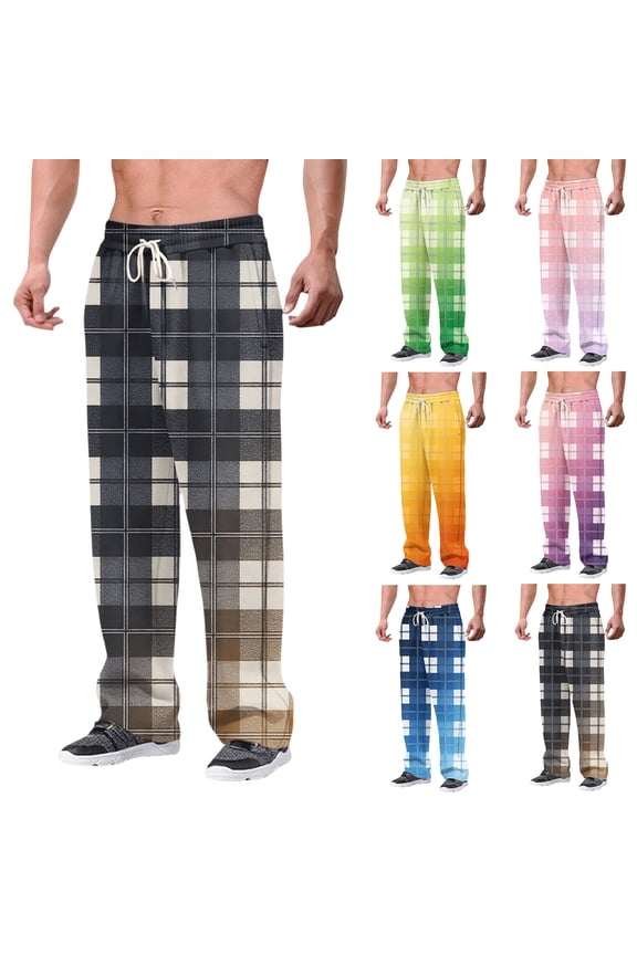 Men's Sports Leisure Straight Leg Hoodie Trousers, Gradient Plaid Pants for Fall, Winter and Casual Style,Blue,M