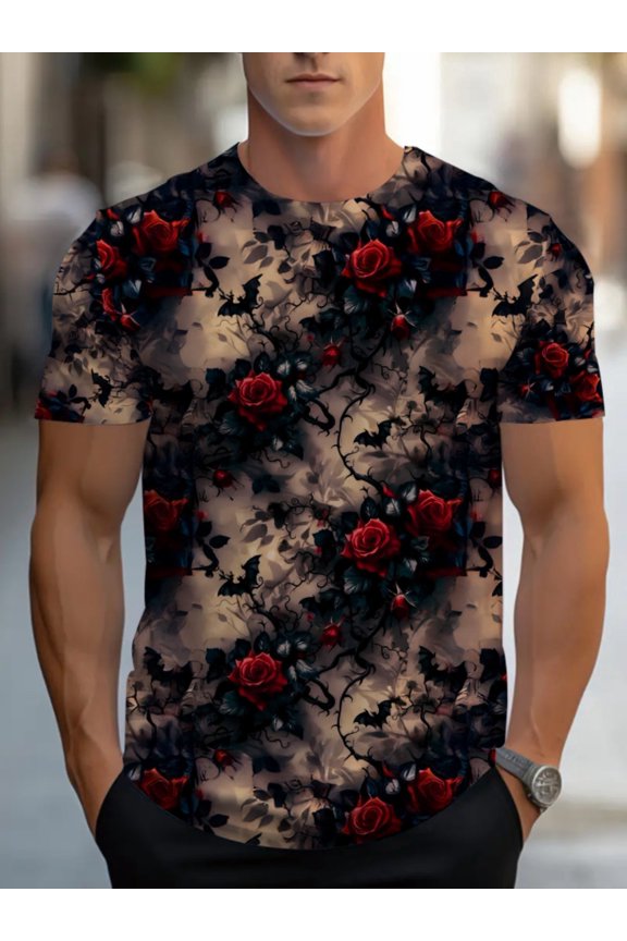 Men's Sports Regular Fit Short Sleeve T-Shirt - Modern Geometric Floral Print, Red Rose and Black Vine Pattern - Breathable Fabric, Machine Washable, Suitable for Casual and Formal Occasions