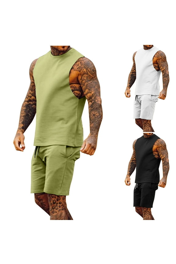 Men's Sports Set Two Piece Outfits European Style Split Solid Color Muscle Tank Top and Shorts Casual Daily Gym Workout Fitness Training | AESTIVO,White 2XL