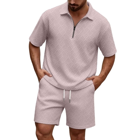Men's Sports Sets 2 Piece Solid Textured Jogging Sweat Suit Quarter Zip Up Short Sleeve Polo Shirts and Beach Shorts Sets Khaki XL