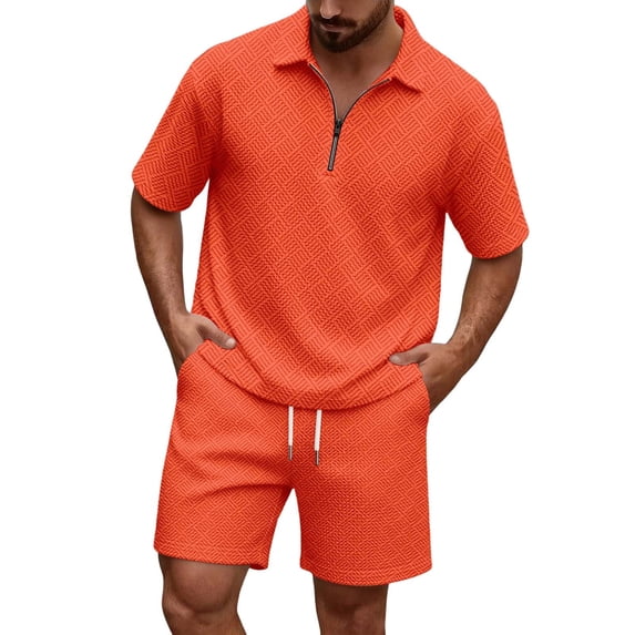 Men's Sports Sets 2 Piece Solid Textured Jogging Sweat Suit Quarter Zip Up Short Sleeve Polo Shirts and Beach Shorts Sets Orange M