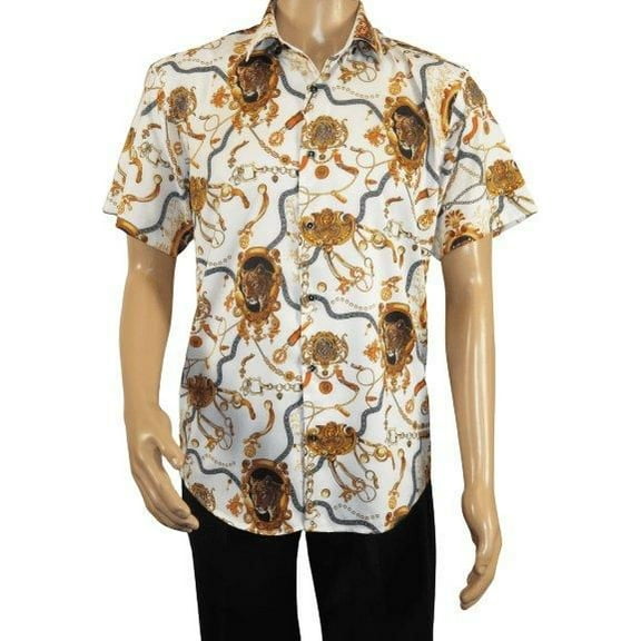 Men's Sports Shirt by MIZUMI Medallion Floral Printed Short Sleeves M648 White