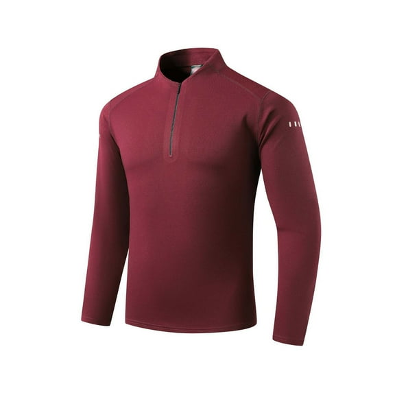Men's Sports Shirts Long Sleeve Stand Collar 1/4 Zipper Solid Color Pullover Stretchy Tops Warm Thermal Workout Fitness (XL, Wine)