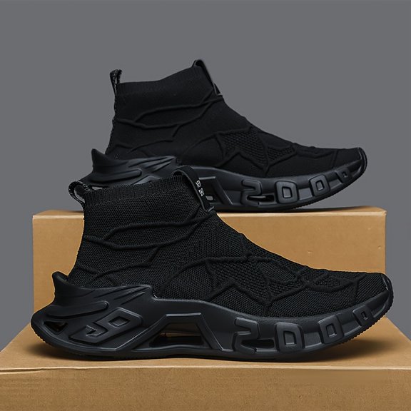Men's Sports Shoes Outdoor High-top Shoes Knitted Men's Shoes Dance Boys Training Shoes Lightweight Breathable  Anti-slip Wear- Slip-on Basketball Shoes Trend Fashion Street Street