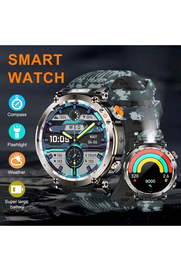 Men's Sports Smart Bracelet Watch for Men And Women (Answer/Make Call), 1.7" IPS Round Full Screen Fitness Tracker with Flashlight, Compass, 100+ Sport Modes