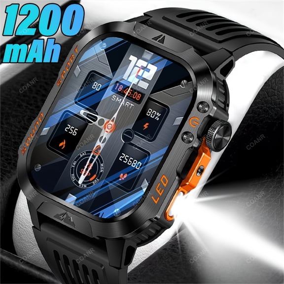 Men's Sports Smartwatch with Wireless Call, 1200mAh Battery, 2.01" HD Screen, Water Resistant, Message Alerts, Multi Sports Modes, LED Flashlight