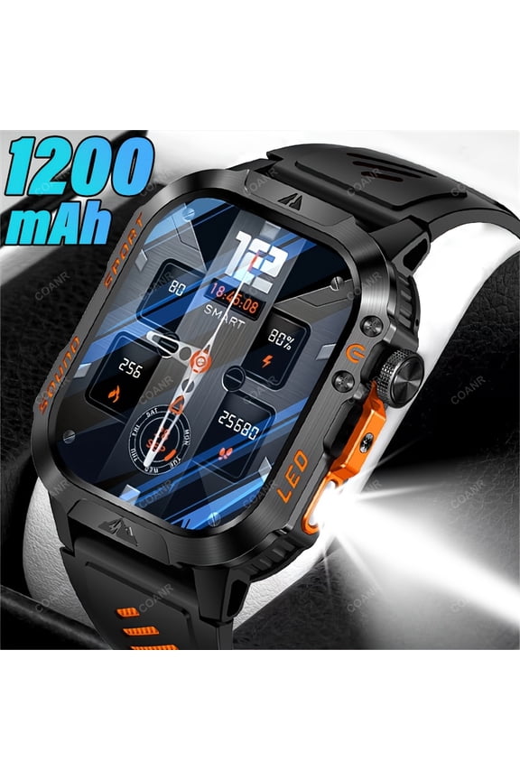 Men's Sports Smartwatch with Wireless Call, 1200mAh Battery, 2.01" HD Screen, Water Resistant, Message Alerts, Multi Sports Modes, LED Flashlight