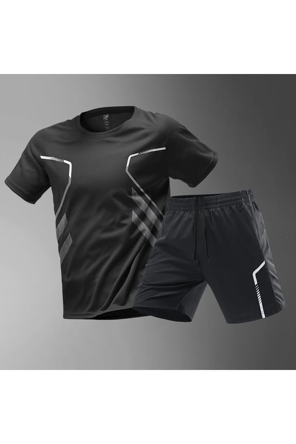 Men's Sports Suit 2pcs, Summer Running Quick-Drying T-Shirt & Ice Silk Shorts Set, Breathable Fabric Gym Fitness Outfit, Badminton Training Clothes Casual Athletic Activewear Tracksuit